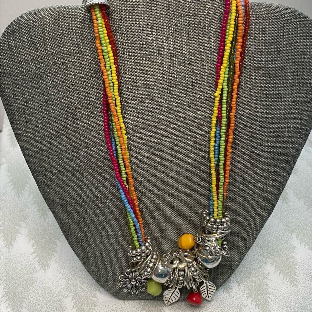 Beaded Rainbow blended Necklace Choker with Accent Silvertone Pendants C…